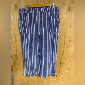 Costal Comfort XL Pants Wide Leg Linen Blend Blue Stripe Pull On Drawstring